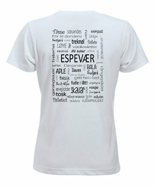 t-skjorte Espevær dialket sort tekst på hvit t-skjorte